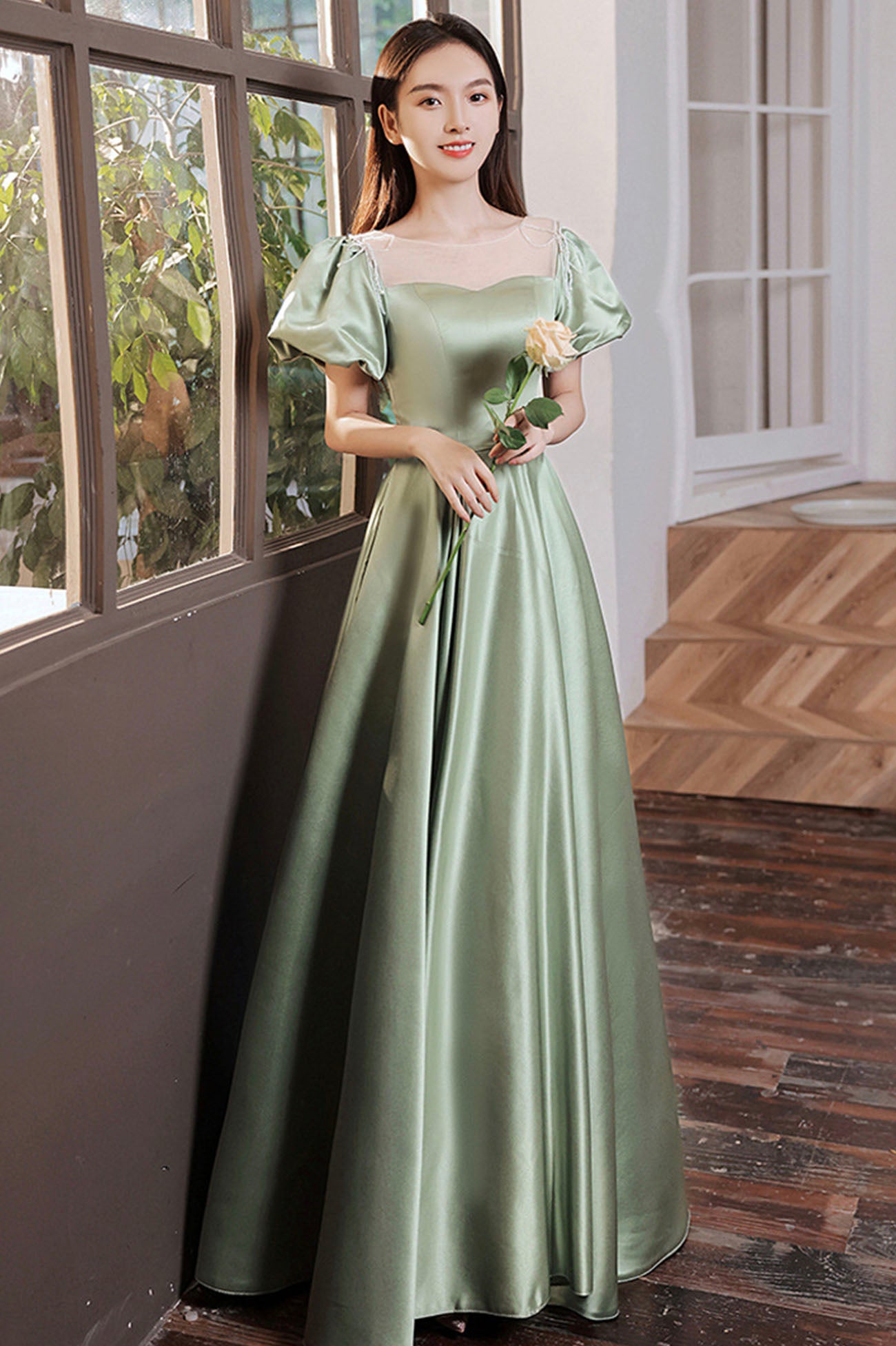 Green Satin Long A-Line Prom Dress, Cute Short Sleeve Evening Dress Green Satin Long A-Line Prom Dress, Cute Short Sleeve Evening Dress