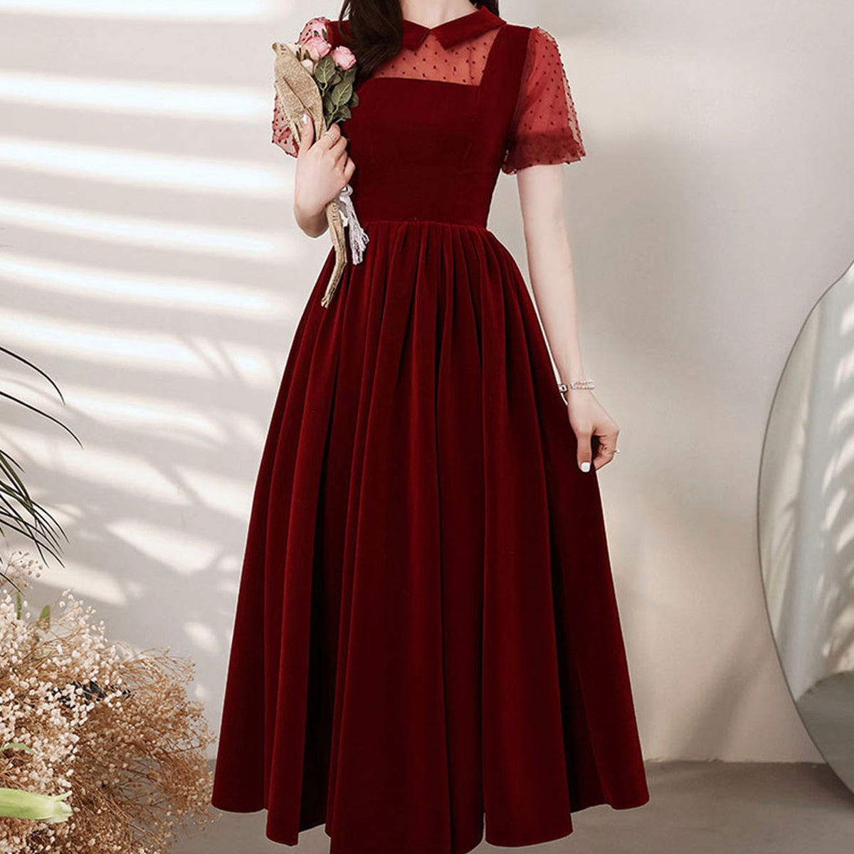 burgundy velvet homecoming dress Elegant Mermaid One Shoulder Burgundy Velvet Long Prom Dresses with Beading VK112504 Vickidress