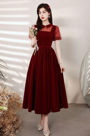 Burgundy Velvet Short Prom Dress, A-Line Homecoming Party Dress