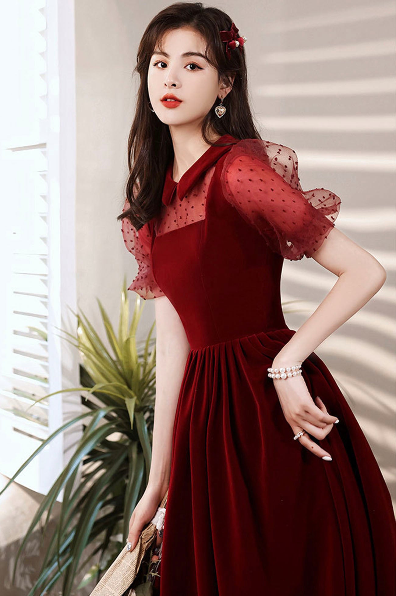 burgundy velvet dress short Velvet mini dress with voluminous skirt Color: Burgundy RASARIO Online Boutique 44 (FR) / Burgundy