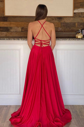 Red Satin Long A-Line Prom Dress, Red Backless Evening Dress with Slit