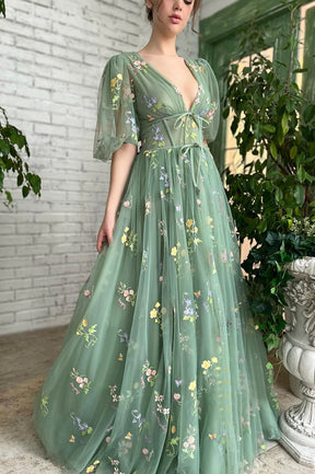 Green V-Neck Lace Long Prom Dress, A-Line Evening Graduation Dress