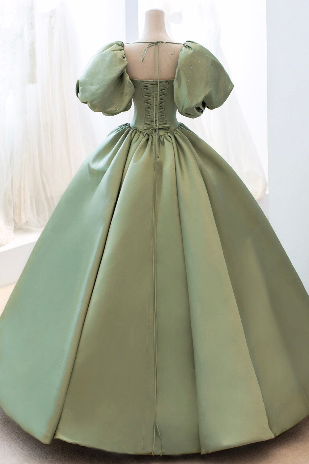 Green Satin Puff Sleeves Long Prom Dress, Green A-Line Formal Dress
