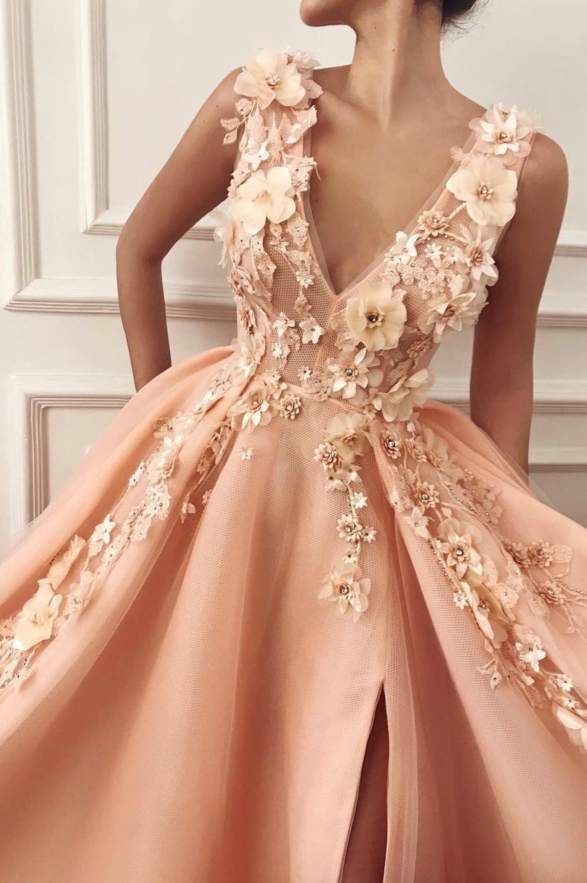 A-Line Tulle Long Prom Dress, Blush V-Neck Lace Evening Formal Dress
