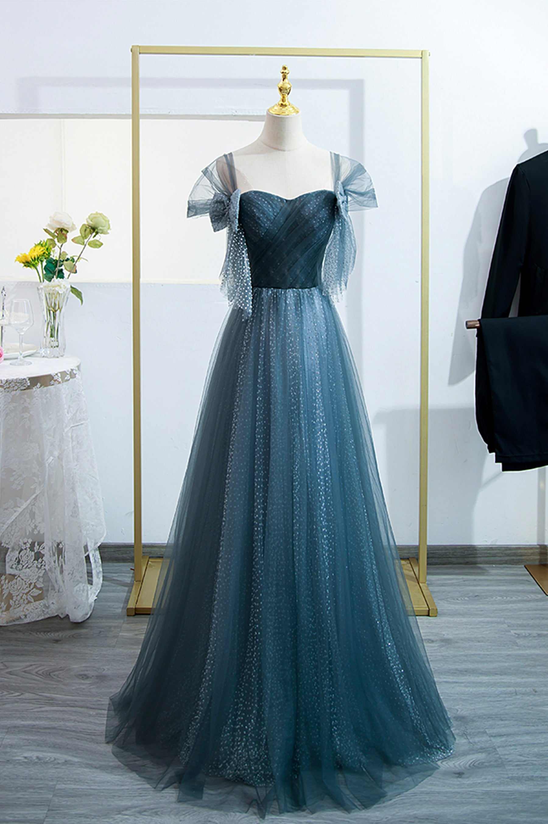 Blue Tulle Long A-Line Prom Dress, Simple Sweetheart Neckline Evening Party Dress