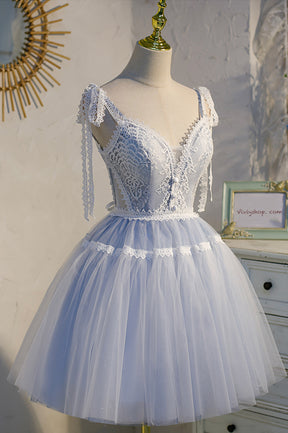 Blue Lace Short A-Line Prom Dress, Cute V-Neck Homecoming Party Dress