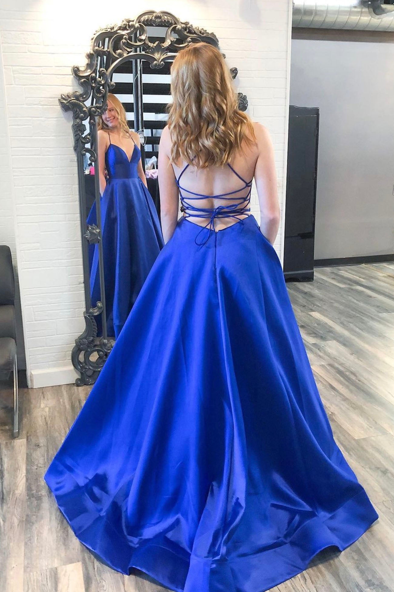 Blue A-Line Satin Long Backless Prom Dress, Simple Blue Evening Dress