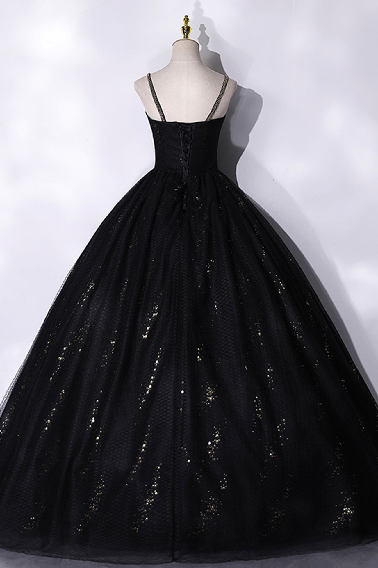 Black Tulle Sequins Long Prom Dress, Black Spaghetti Straps Evening Dress