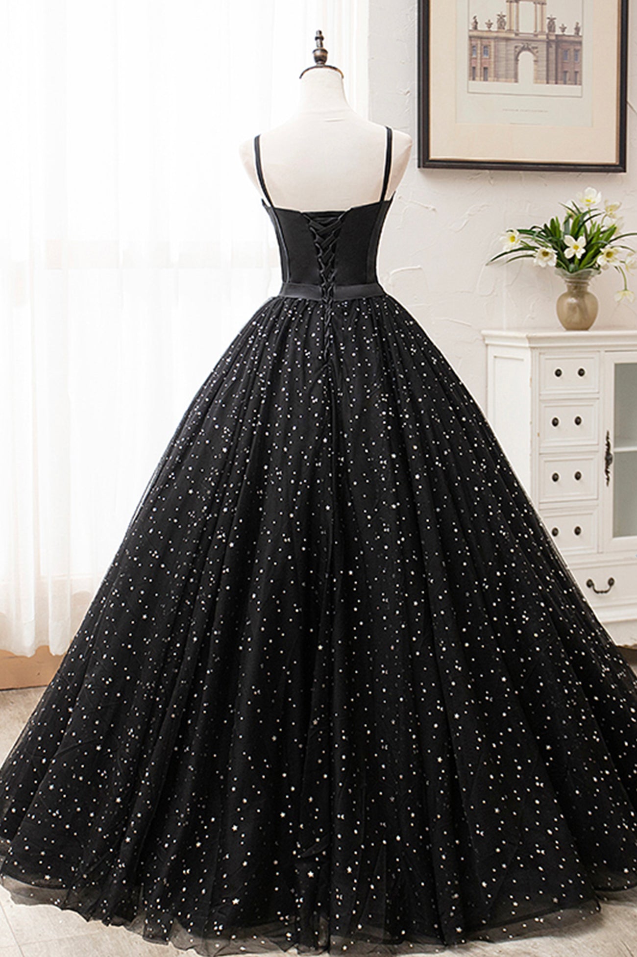 Black Tulle Long Prom Dress, Black Spaghetti Straps Formal Evening Gown