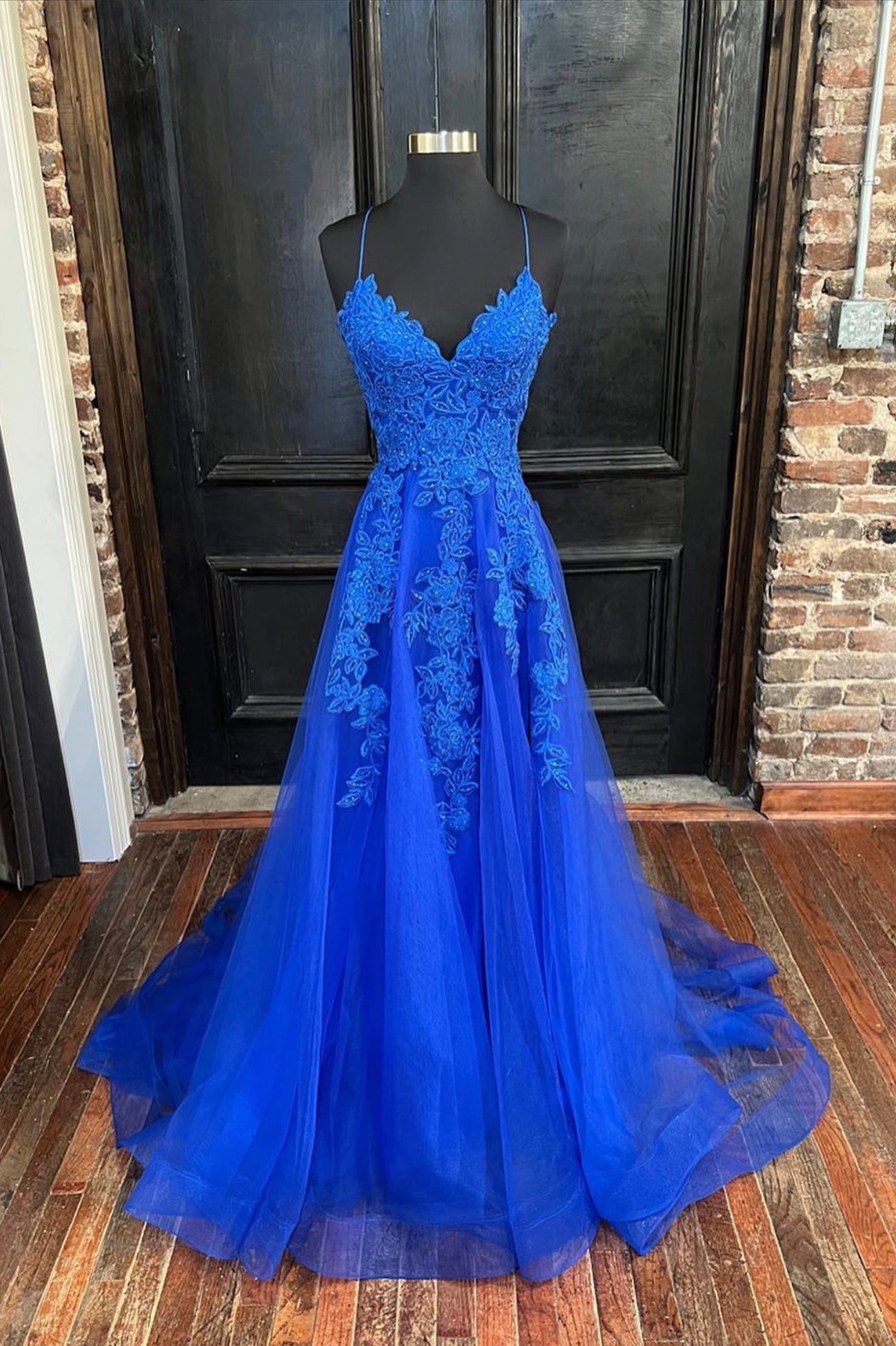 Blue Lace Long A-Line Prom Dress, Elegant V-Neck Formal Evening Dress