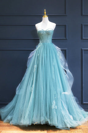 Green Lace Tulle A-Line Long Formal Dress, Green Strapless Evening Dress