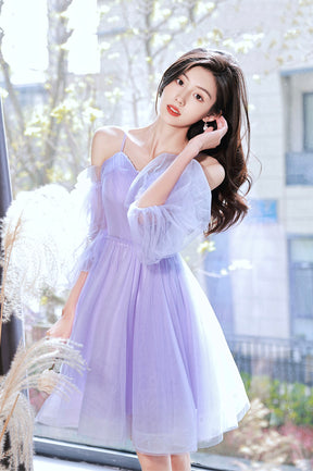 Purple Spaghetti Strap Tulle Short Prom Dress, Cute Homecoming Party Dress