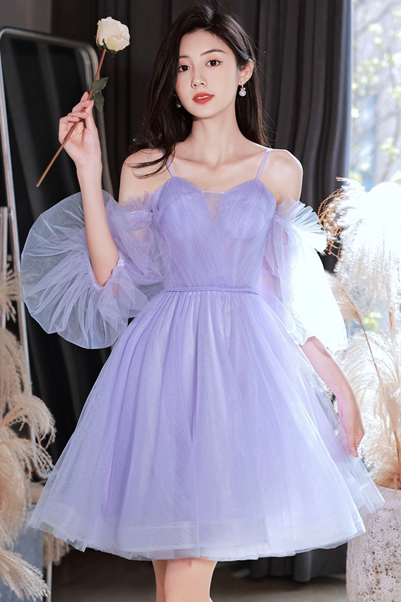 Purple Spaghetti Strap Tulle Short Prom Dress, Cute Homecoming Party D