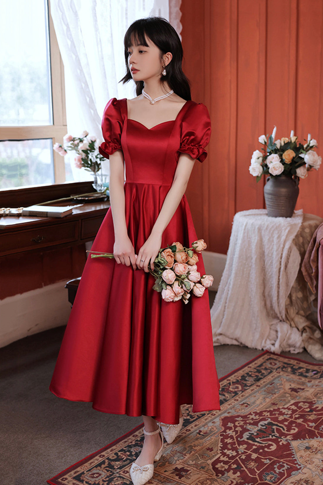 Burgundy Satin Short Prom Dress, Cute A-Line Evening Party Dress