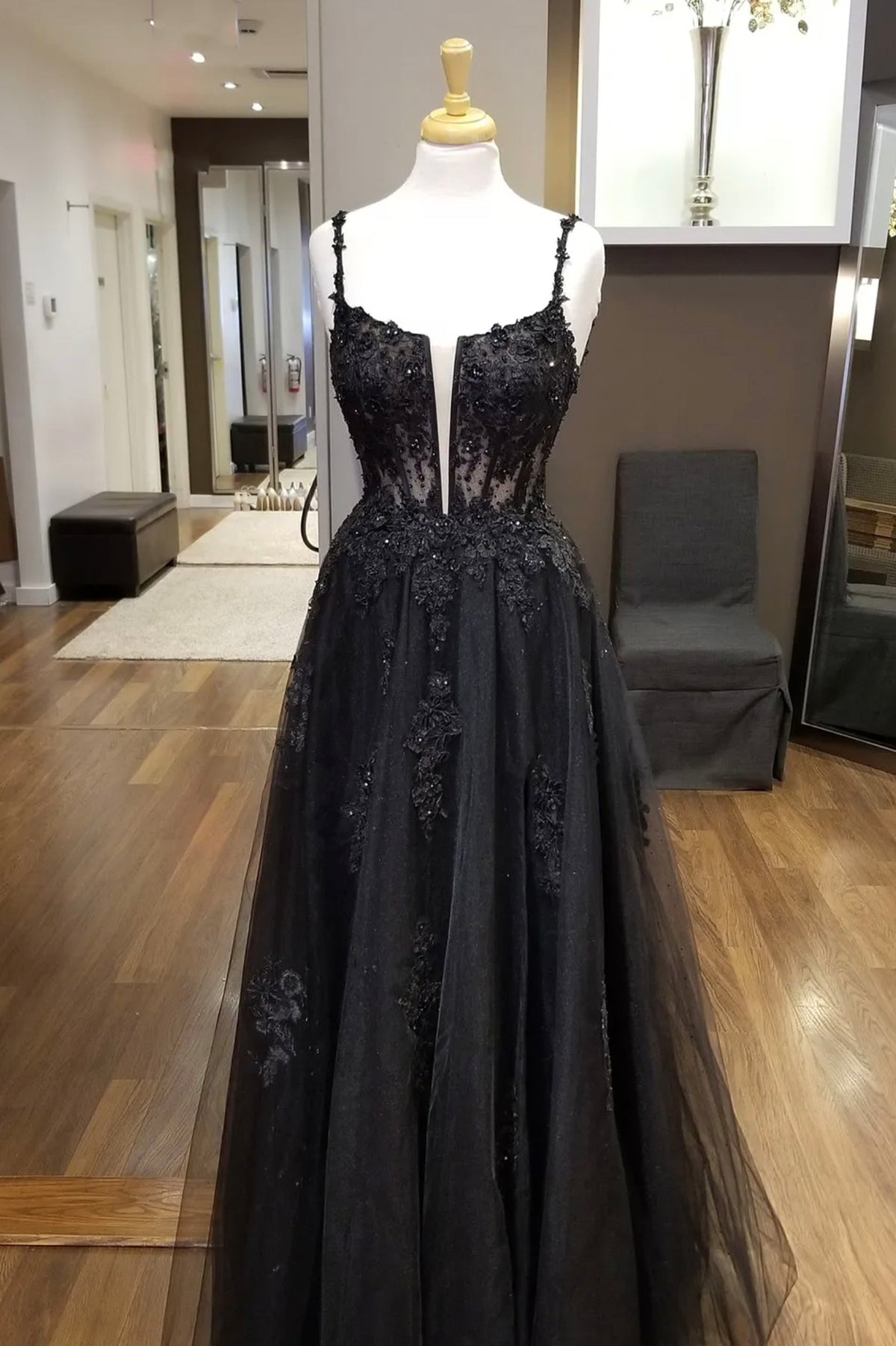 Black Tulle Lace Long Prom Dress, A-Line Spaghetti Straps Evening Dress