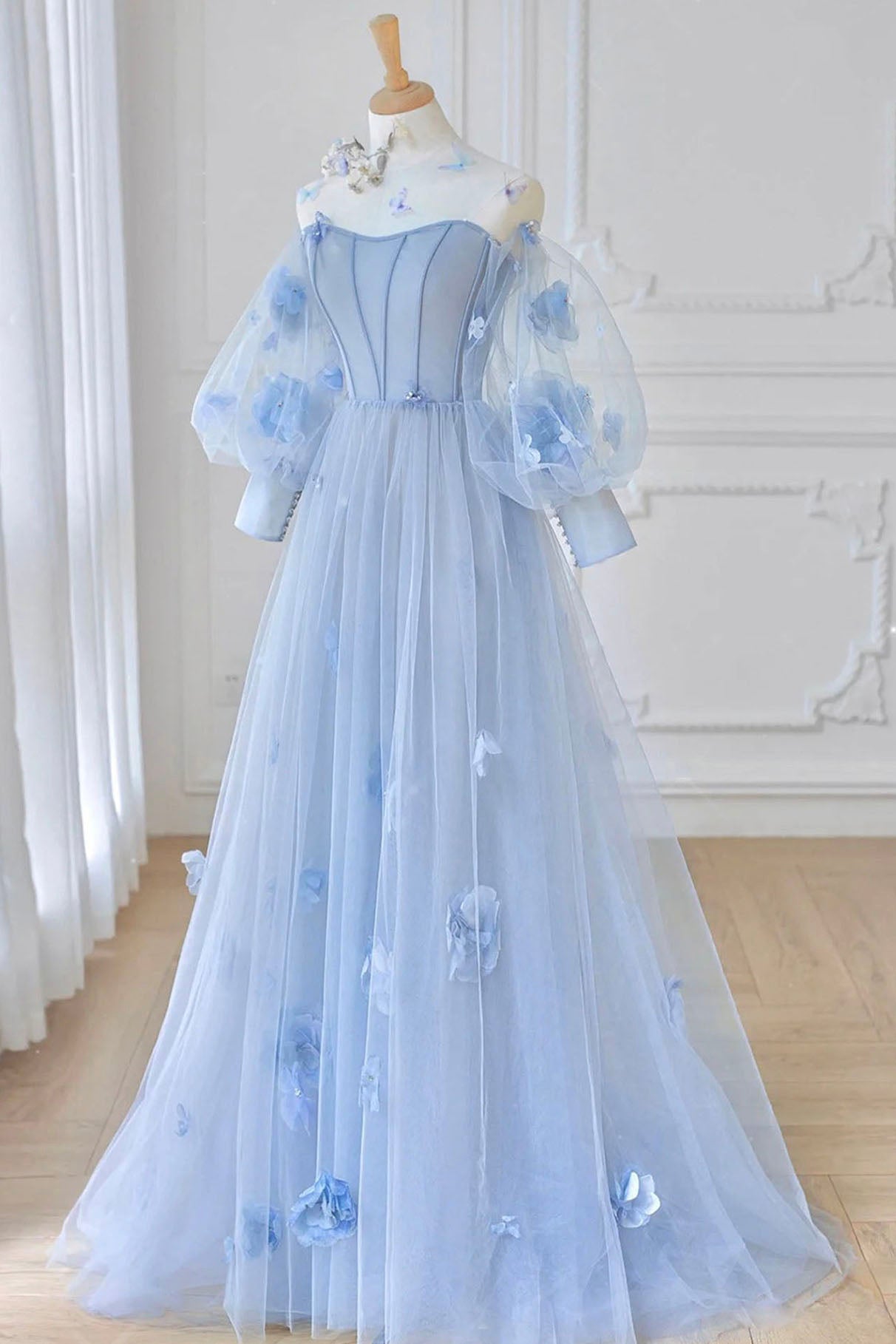 Blue Tulle Flowers Long Prom Dress, Lovely A-Line Puff Sleeve Evening Dress