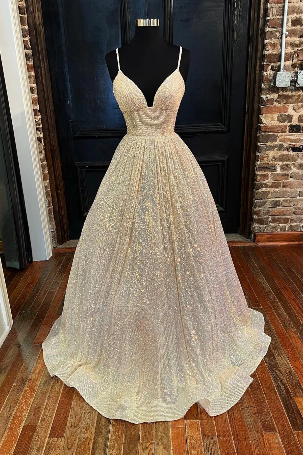 Champagne Sequins Long A-Line Prom Dress, Shiny V-Neck Spaghetti Straps Party Dress