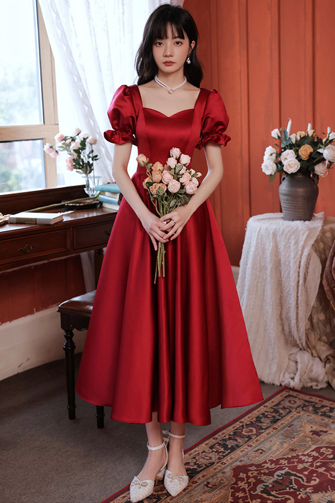 Burgundy Satin Short Prom Dress, Cute A-Line Evening Party Dress Burgundy Satin Short Prom Dress, Cute A-Line Evening Party Dress