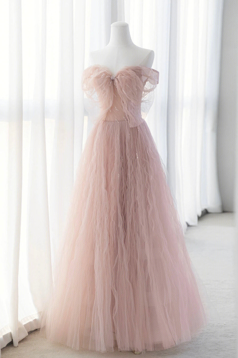Pink Tulle Long A-Line Prom Dresses, Pink Evening Dresses with Bow