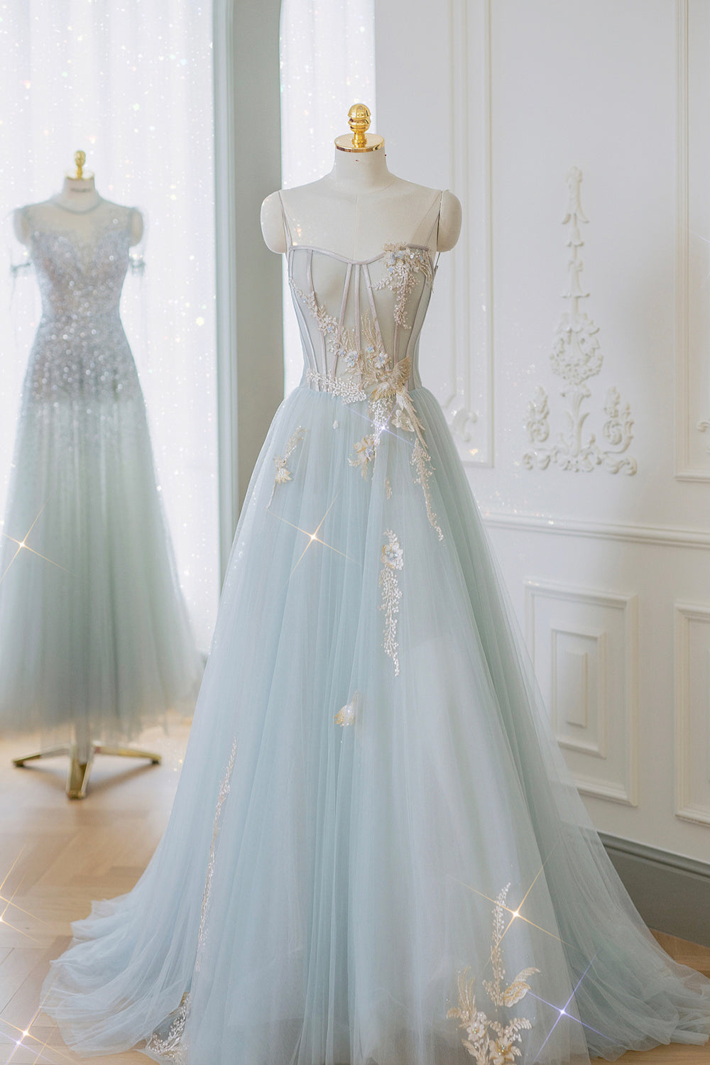 Blue Strapless Lace Formal Prom Dress, A-Line Tulle Evening Party Dress