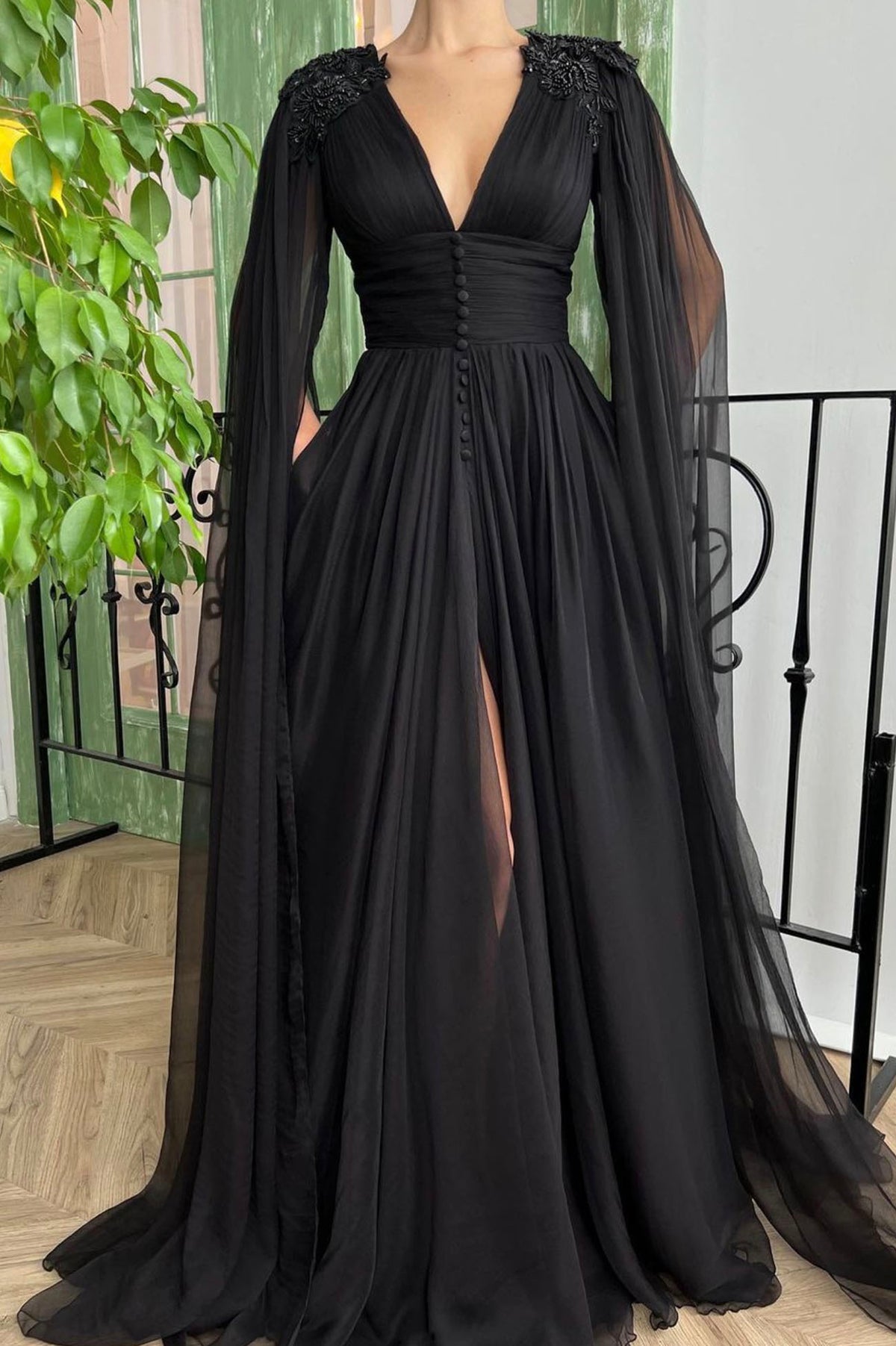Black V-Neck Chiffon Long Prom Dress, Black Evening Dress with Slit