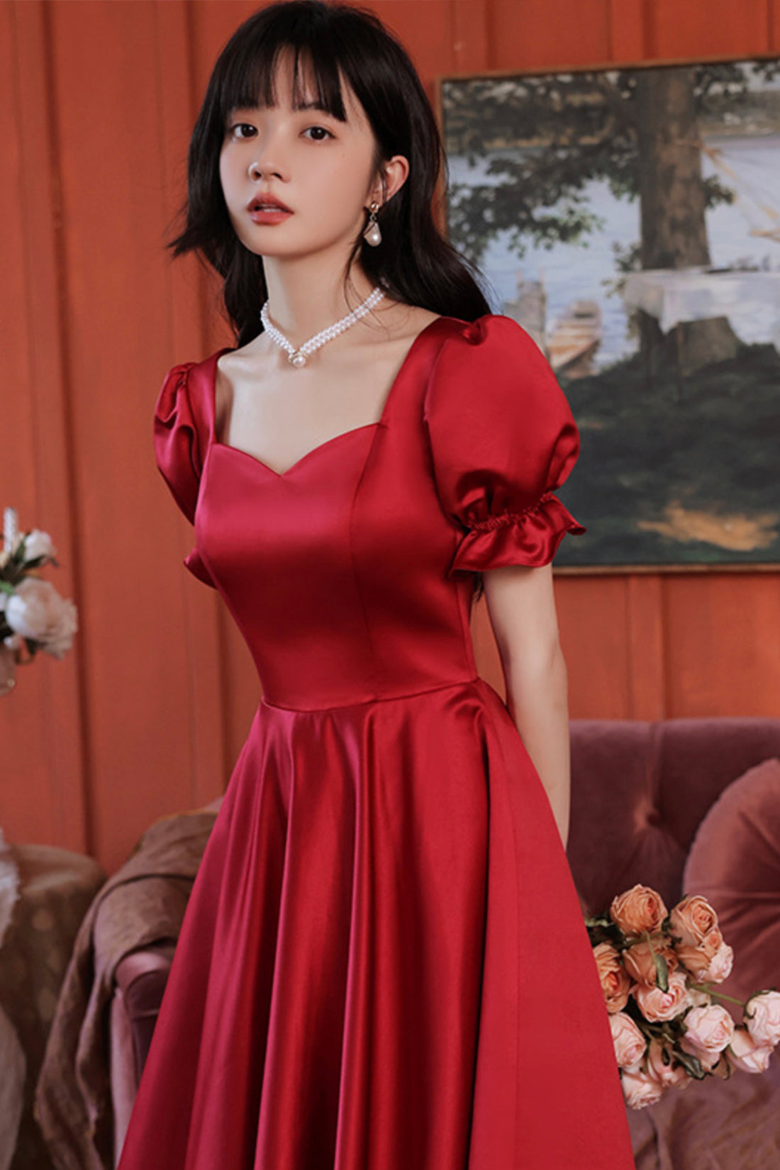 Burgundy Satin Short Prom Dress, Cute A-Line Evening Party Dress Burgundy Satin Short Prom Dress, Cute A-Line Evening Party Dress