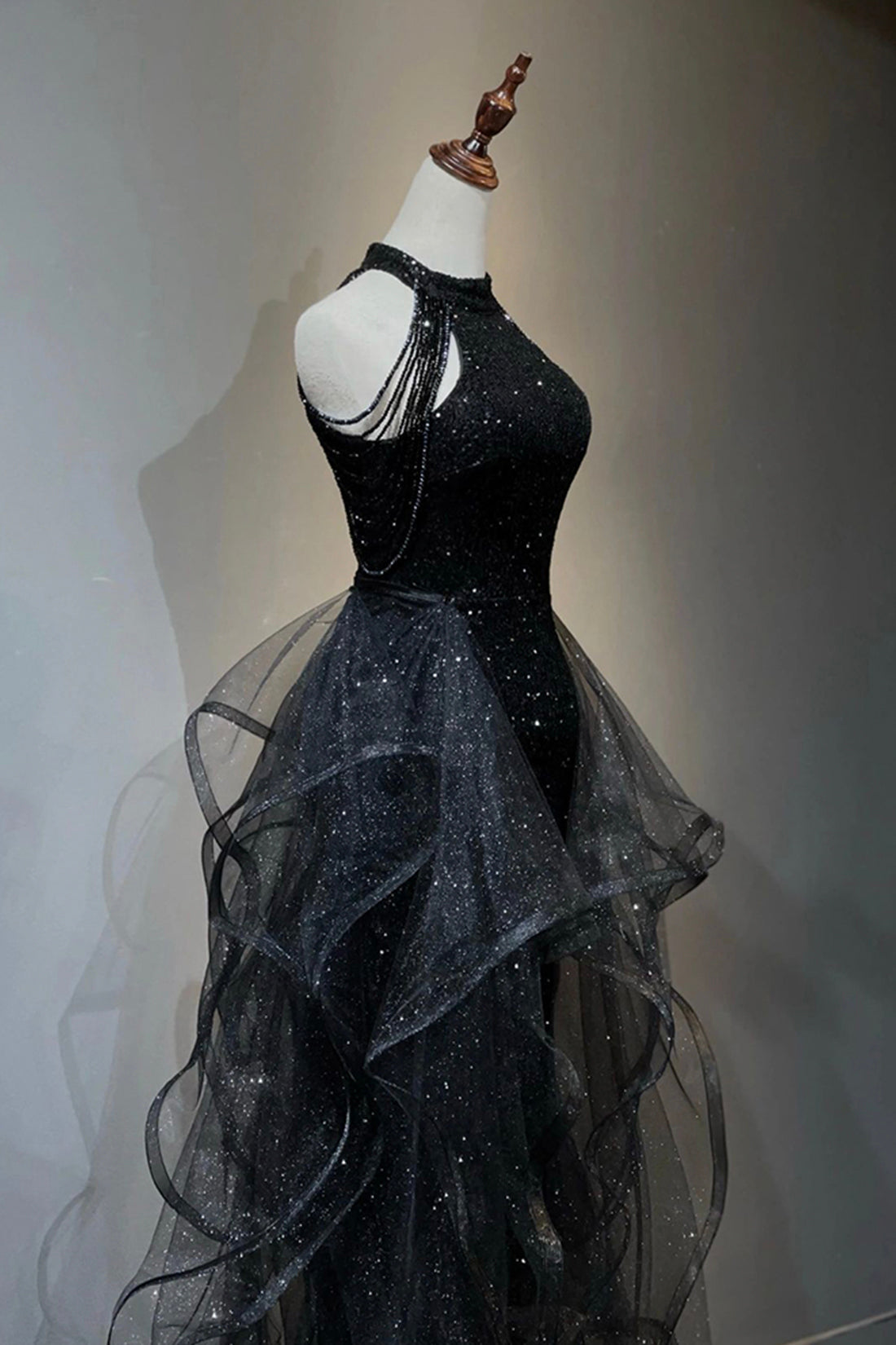 Black Shiny Tulle Long Party Dress with Beaded, Black Evening Dress