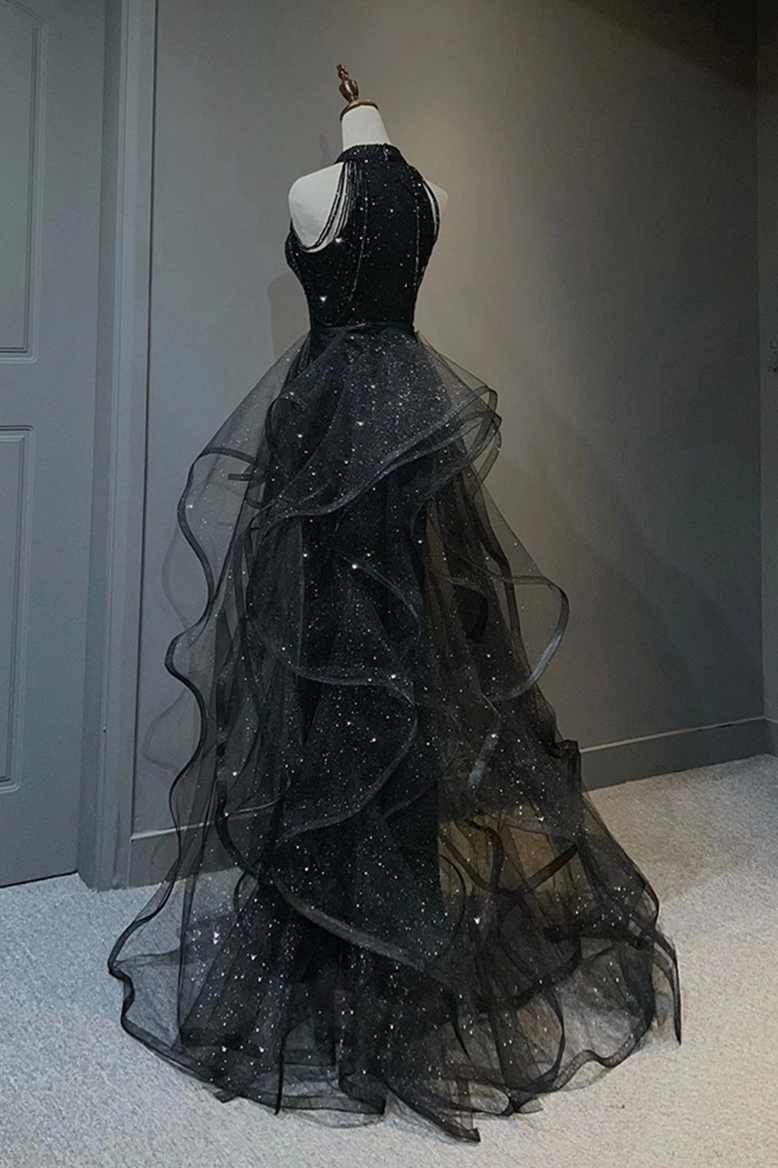 Black Shiny Tulle Long Party Dress with Beaded, Black Evening Dress Black Shiny Tulle Long Party Dress with Beaded, Black Evening Dress
