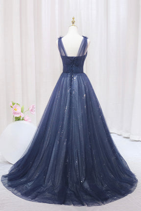 Blue Tulle Beaded Long Prom Dress, Blue A-Line Evening Party Dress