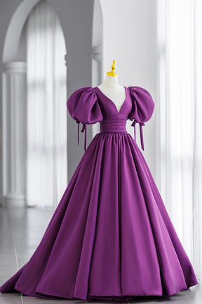 Purple V-Neck Satin Long Formal Evening Dress, A-Line Puff Sleeve Party Dress