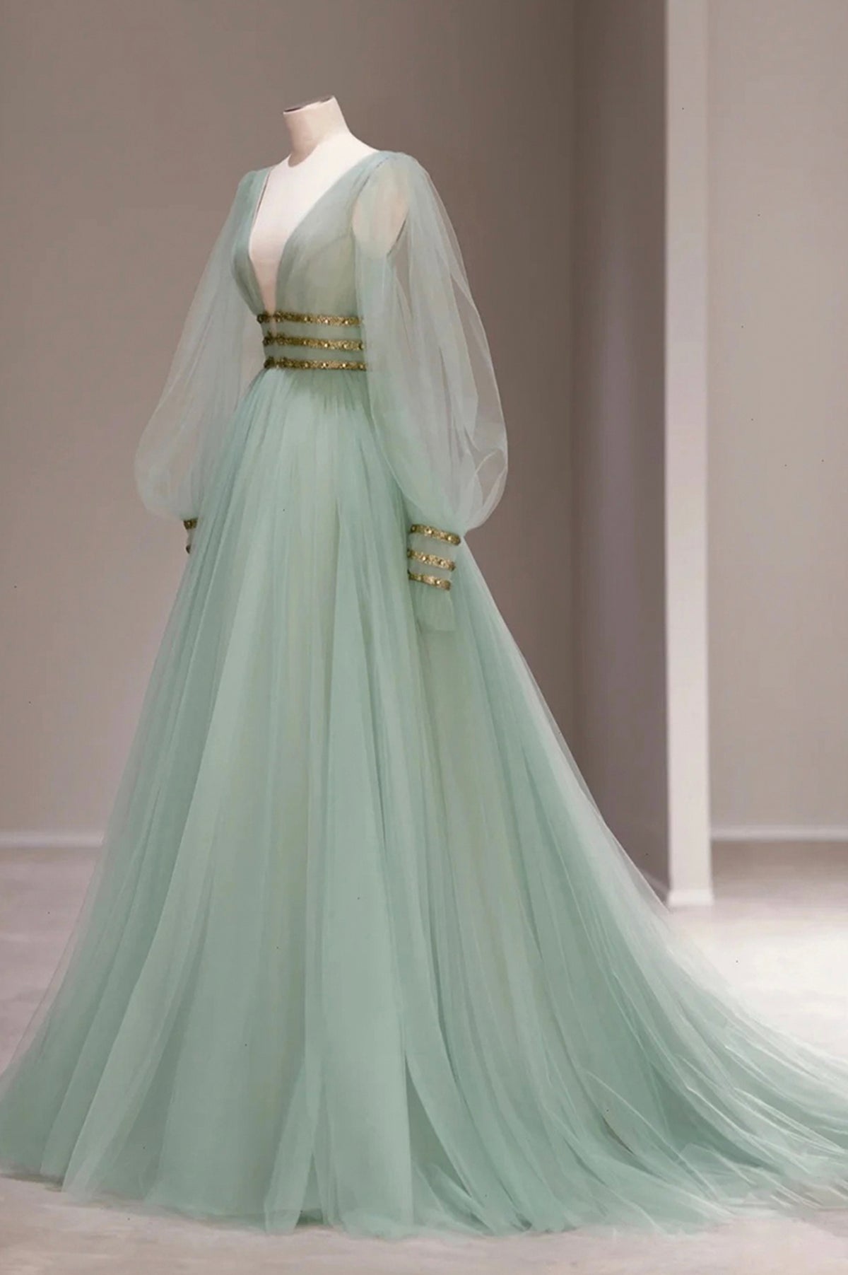 Green Tulle Long Prom Dress with Sequins, Green Long Sleeve Evening Party Dress