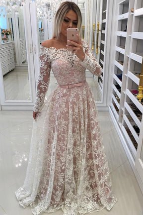 A-Line Lace Long Sleeve Prom Dress, Elegant Lace Evening Party Dress