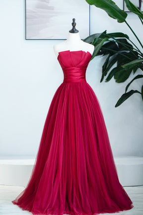 Burgundy Satin Tulle Long Prom Dress, A-Line Strapless Evening Dress
