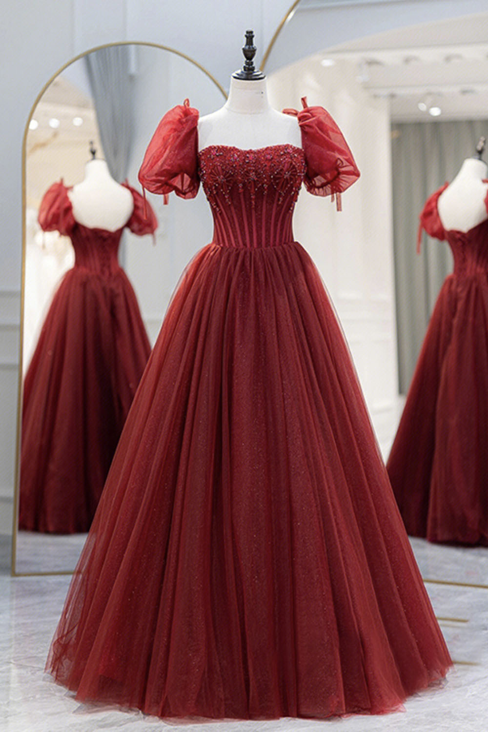 Burgundy Tulle Beaded Long Prom Dress, A-Line Short Sleeve Formal Dress
