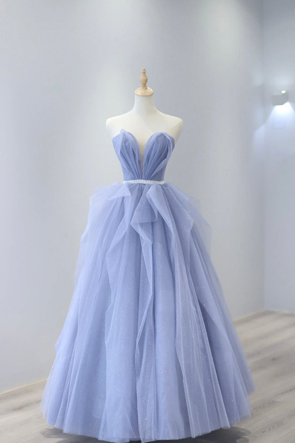 Blue Strapless Tulle Long Prom Dress, Lovely Sweetheart Neckline Evening Dress