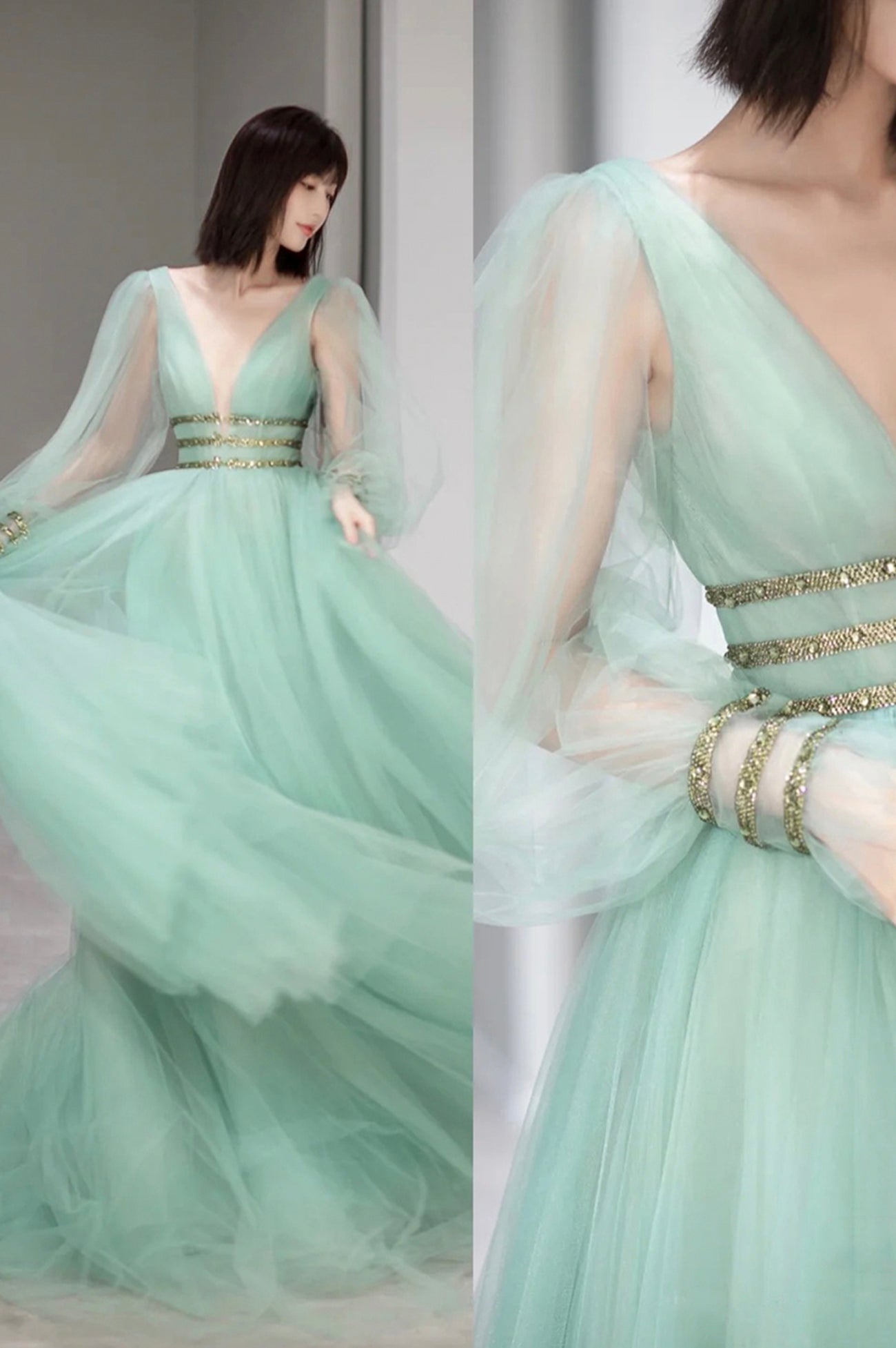 Green Tulle Long Prom Dress with Sequins, Green Long Sleeve Evening Party Dress