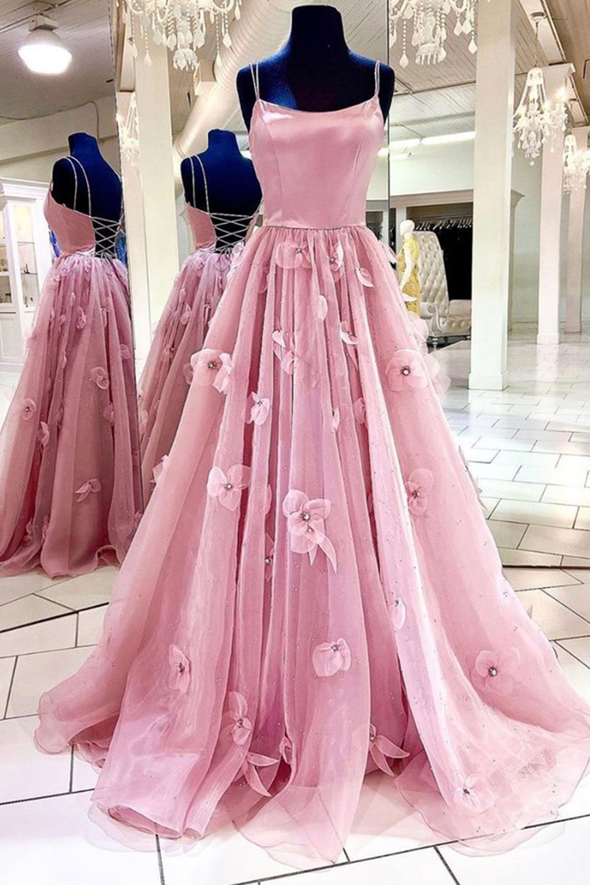 Pink Tulle Long A-Line Prom Dress, Pink Spaghetti Strap Backless Evening Dress