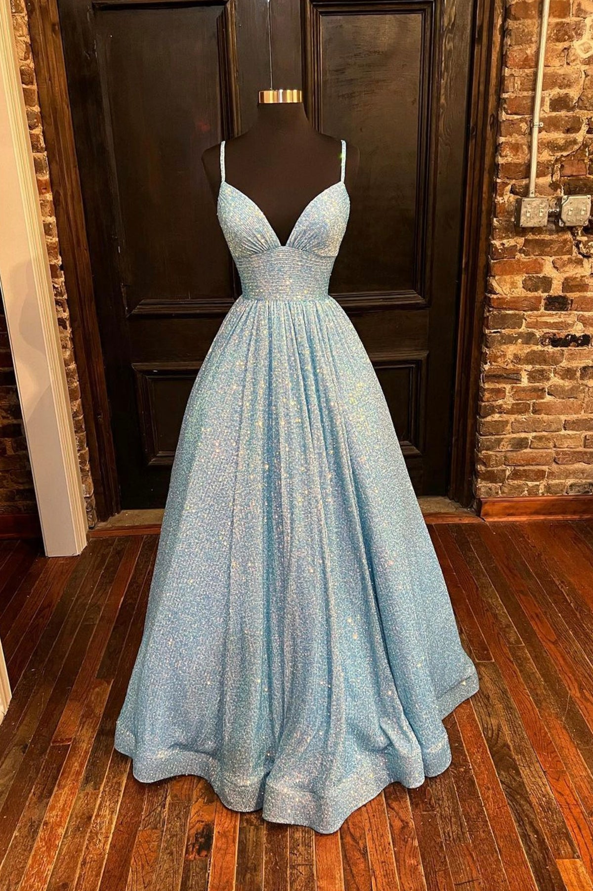 Blue Sequins Long A-Line Prom Dress, V-Neck Shiny Evening Party Dress