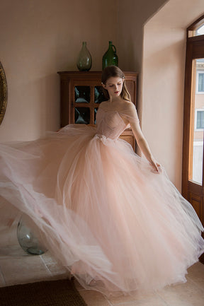 Pink Tulle Lace Long A-Line Prom Dress, Lovely Off the Shoulder Party Dress