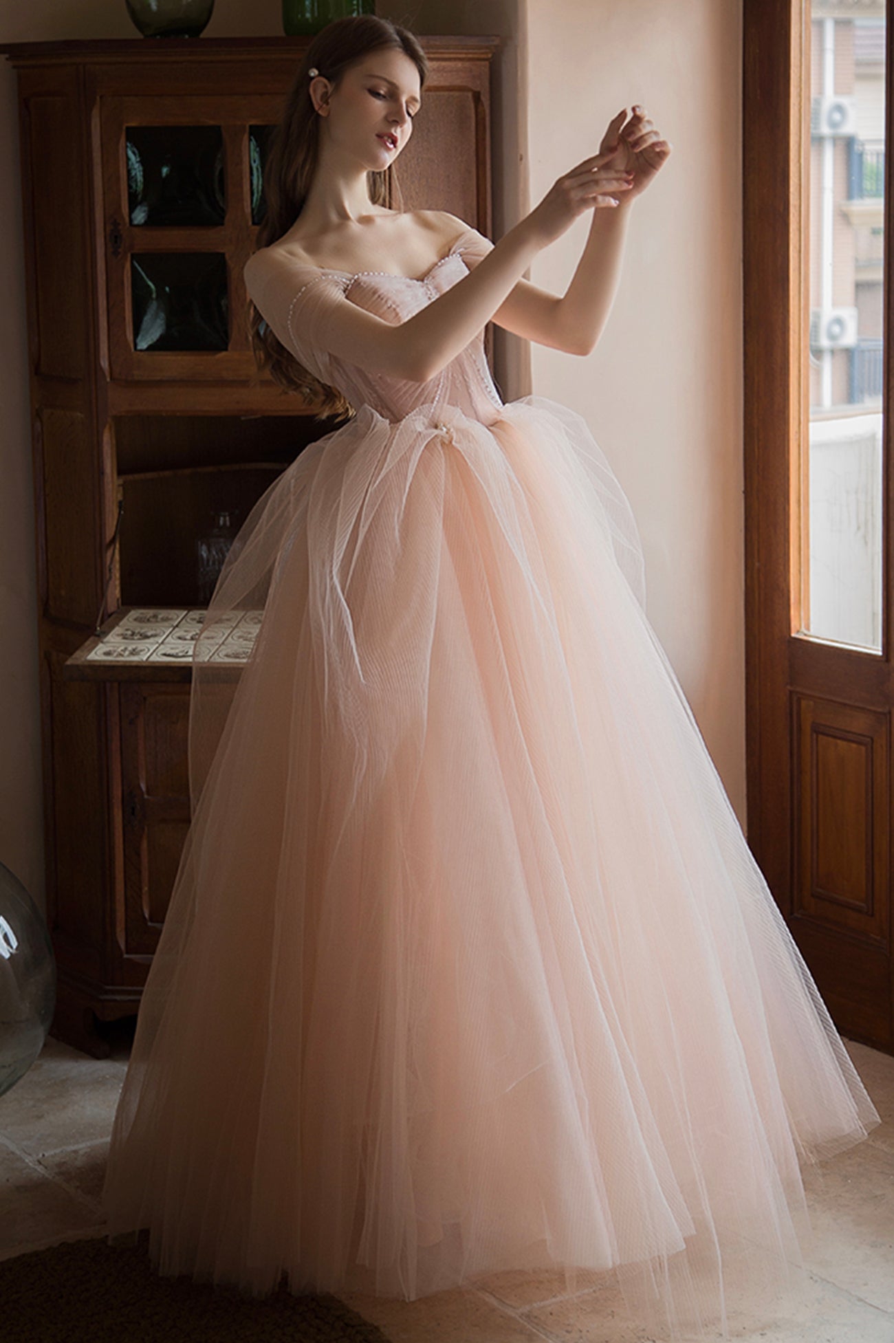 Pink Tulle Lace Long A-Line Prom Dress, Lovely Off the Shoulder Party Dress