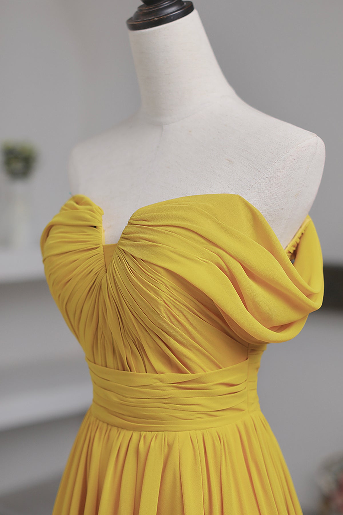 Yellow Chiffon Long A-Line Prom Dress, Simple Yellow Evening Dress with Slit