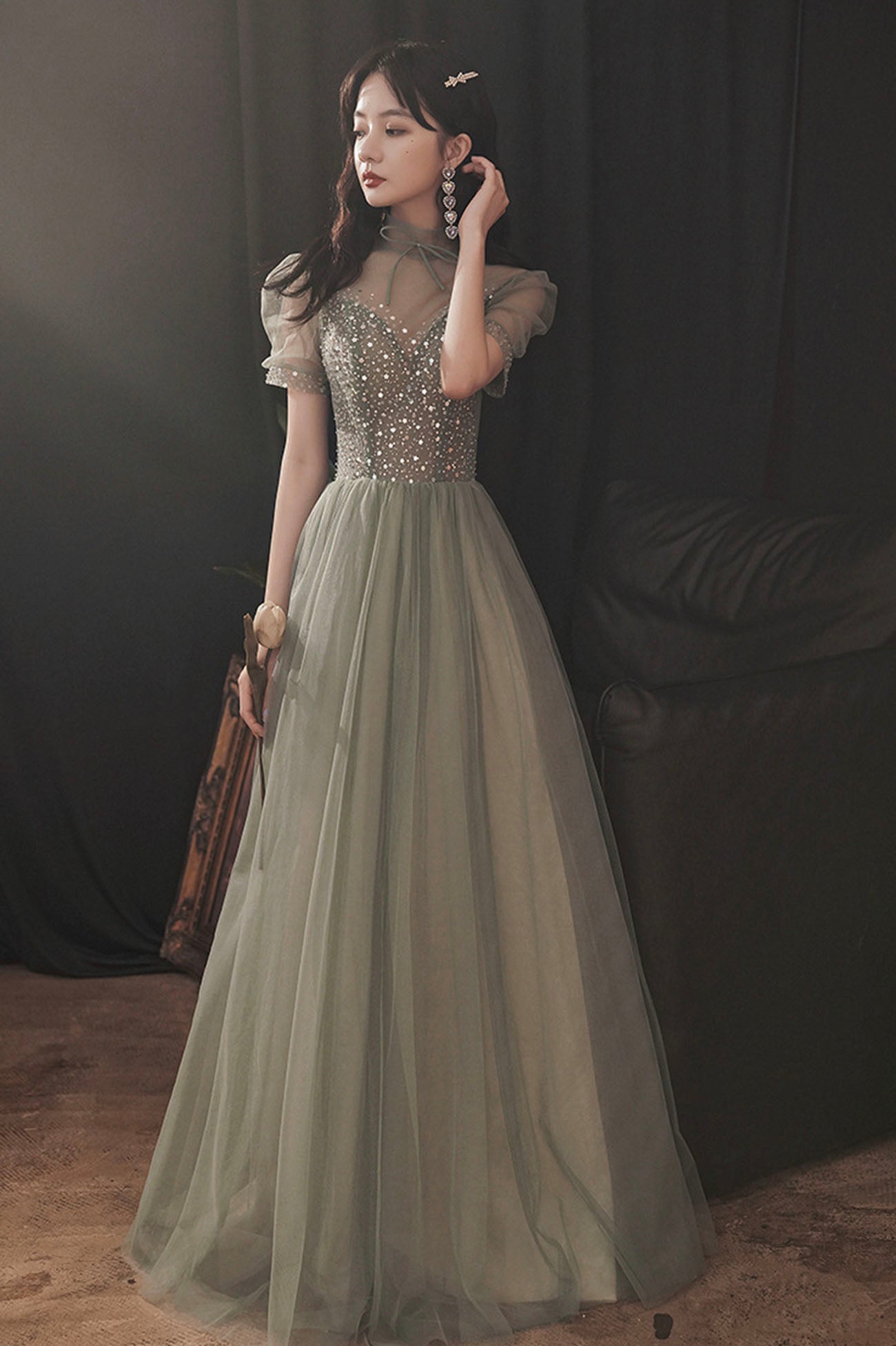 Cute Tulle Sequins Long Prom Dress, A-Line Short Sleeve Evening Party Dress