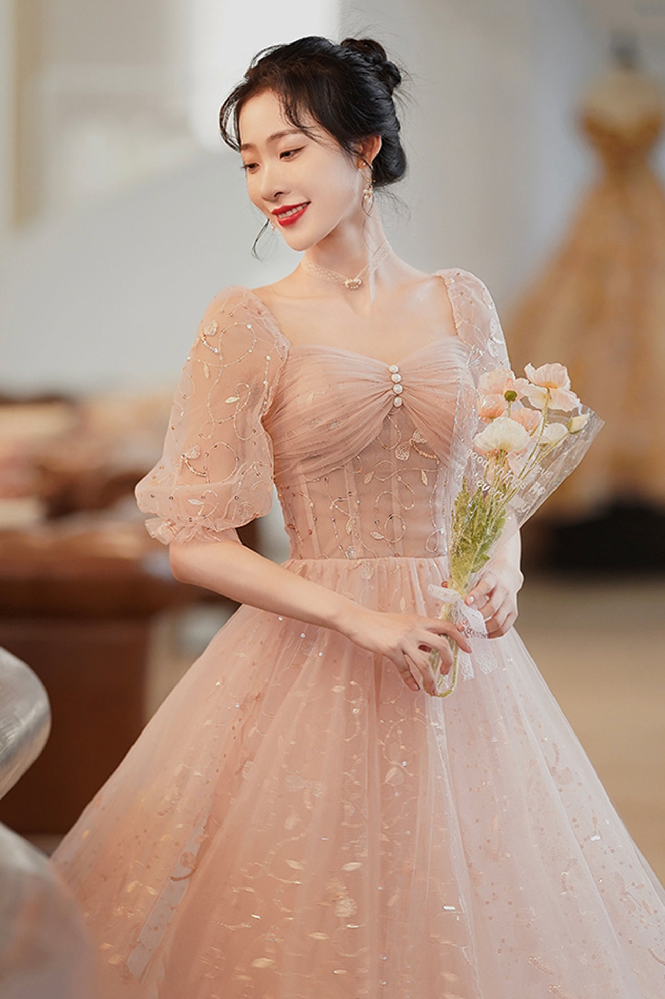 Pink Tulle Short Homecoming Dress, Cute Short Sleeve Party Dress Pink Tulle Short Homecoming Dress, Cute Short Sleeve Party Dress