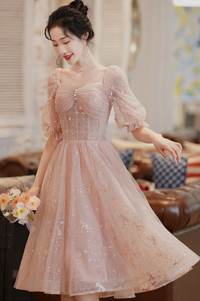 Pink Tulle Short Homecoming Dress, Cute Short Sleeve Party Dress