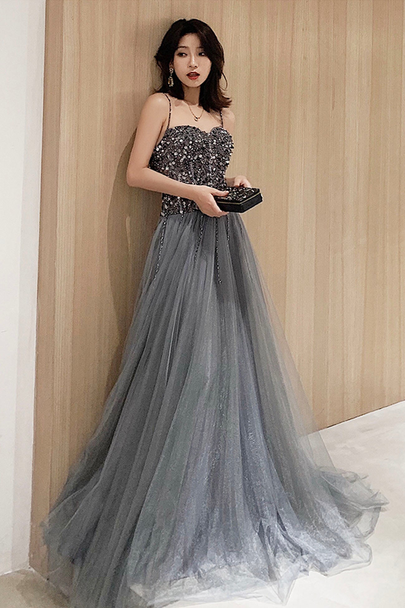 Gray Tulle Long Prom Dress with Sequins, Spaghetti Straps Evening Party Dress