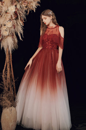 Burgundy Tulle Long Prom Dress with Sequins, Cute A-Line Party Dress