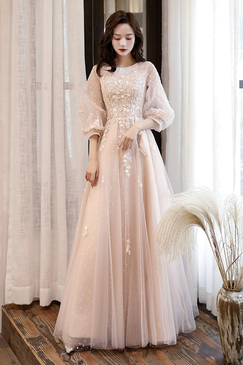 pink long sleeve lace prom dress MACloth 3/4 Sleeves Lace Tulle Long Prom Dress Blush Pink Formal Evening Gown Blush Pink / Above Knee / US12