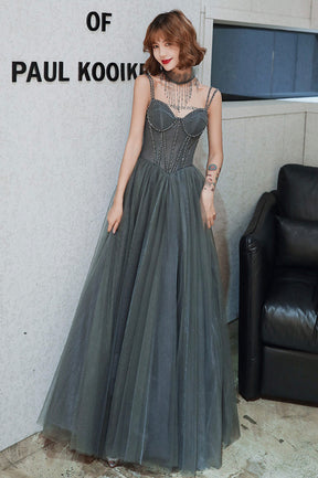 Gray Spaghetti Straps Tulle Long Prom Dress, A-Line Evening Party Dress
