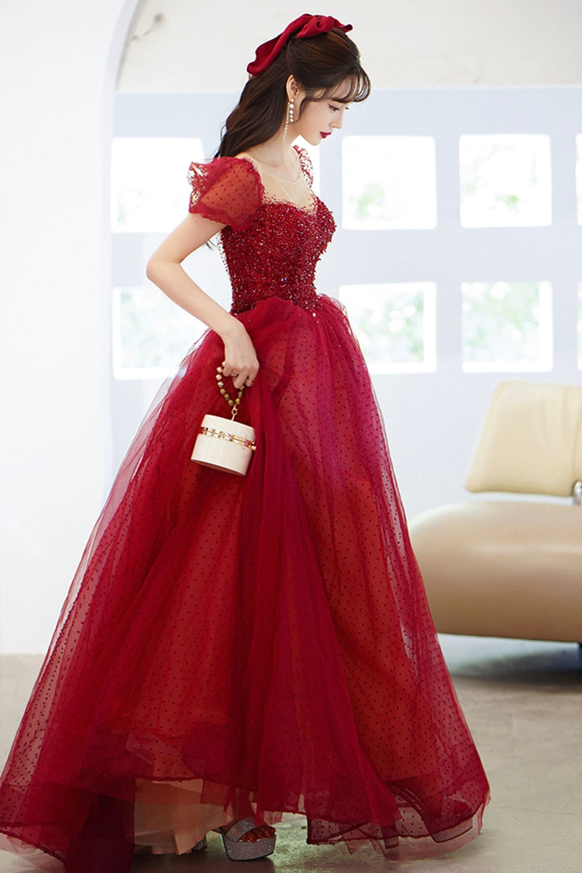 Red Scoop Neckline Tulle Long Prom Dress with Sequins, A-Line Formal Evening Dress