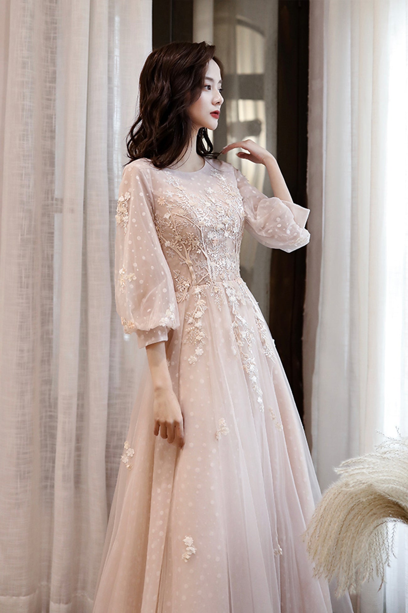 Long Sleeve Ball Gown Prom Dress Pink Tulle Lace Long Sleeve Prom Dress, Lovely A-Line Long Sleeve Ball Gown Prom Dress Pink Tulle Lace Long Sleeve Prom Dress, Lovely A-Line